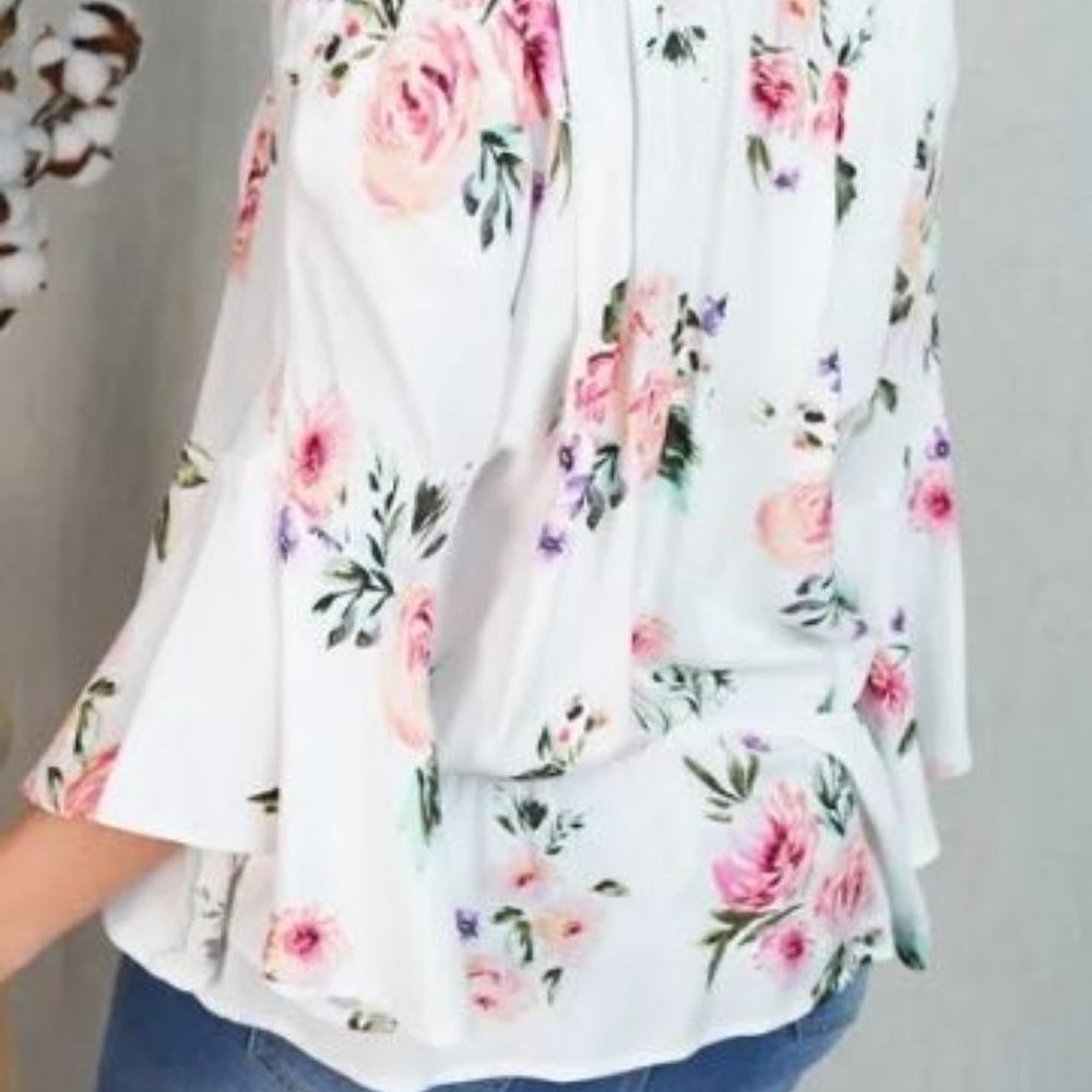 White Floral Off the Shoulder Top -  1X - Picture 2 of 2